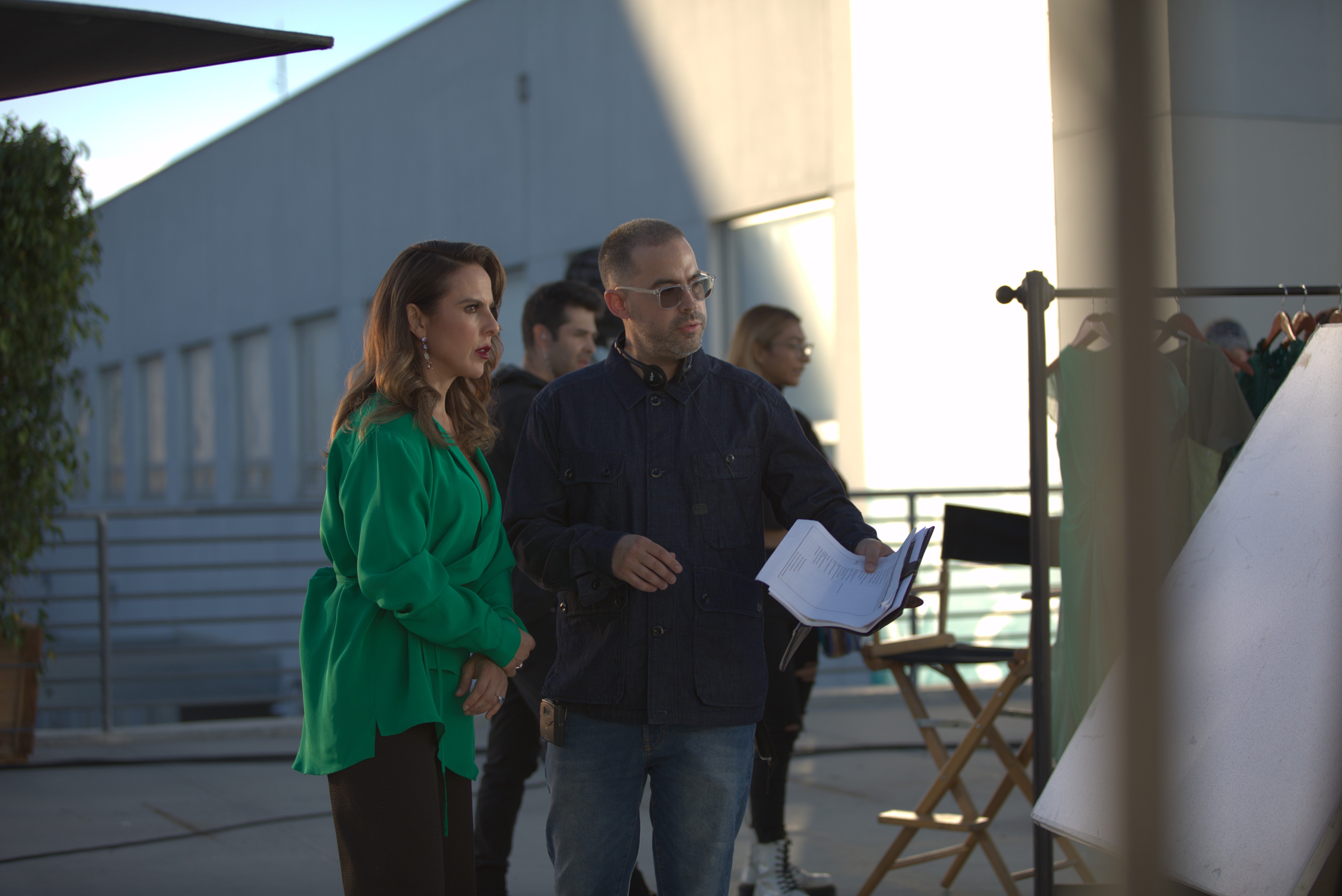 Director Esteban Arango with Kate Del Castillo on NBCU's Hispanic Heritage Month shoot