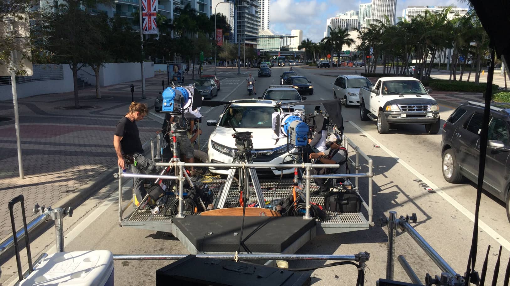 Street shooting setup filming Honda sedan in Miami