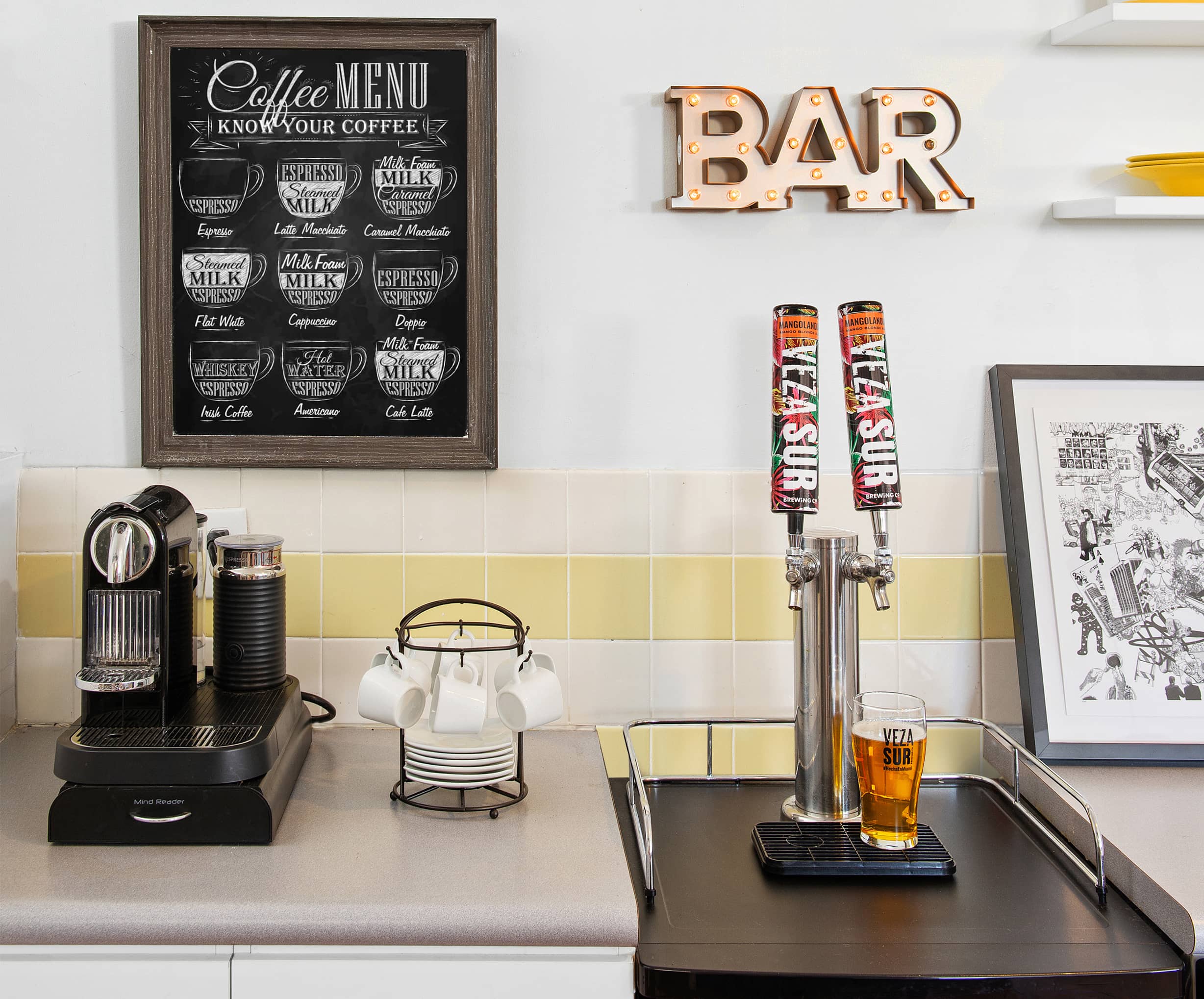 Kitchen countertop with coffee machine, beer tap and other decorative elements